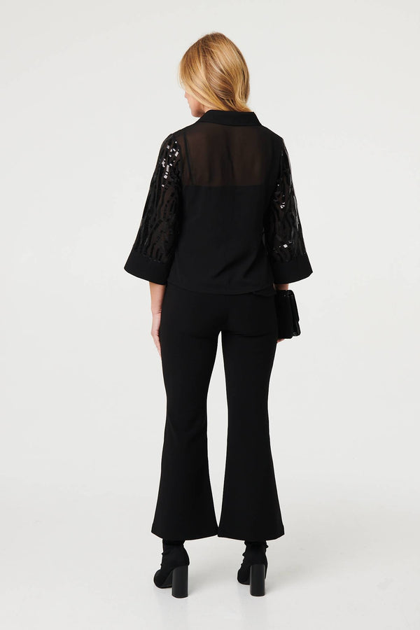 Black | Sequinned Semi Sheer 3/4 Sleeve Shirt
