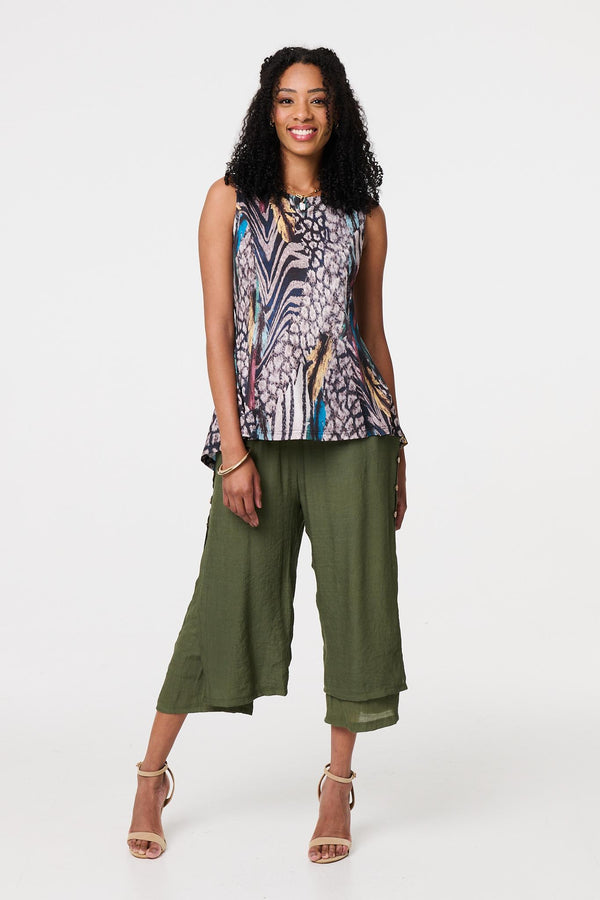 Beige | Animal Print Sleeveless Curve Hem Top

