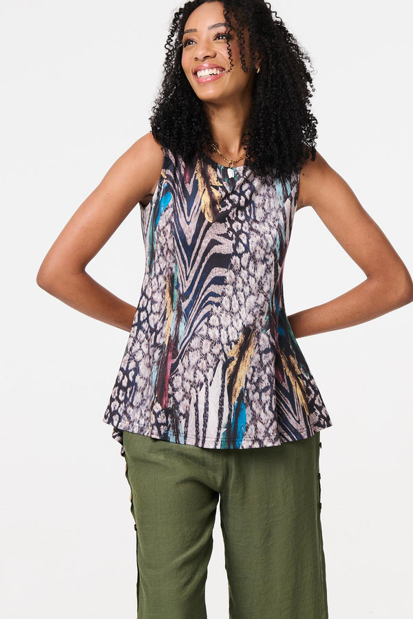 Beige | Animal Print Sleeveless Curve Hem Top
