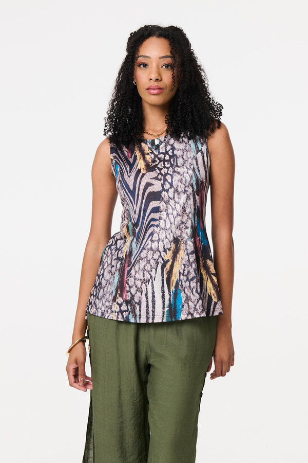 Beige | Animal Print Sleeveless Curve Hem Top
