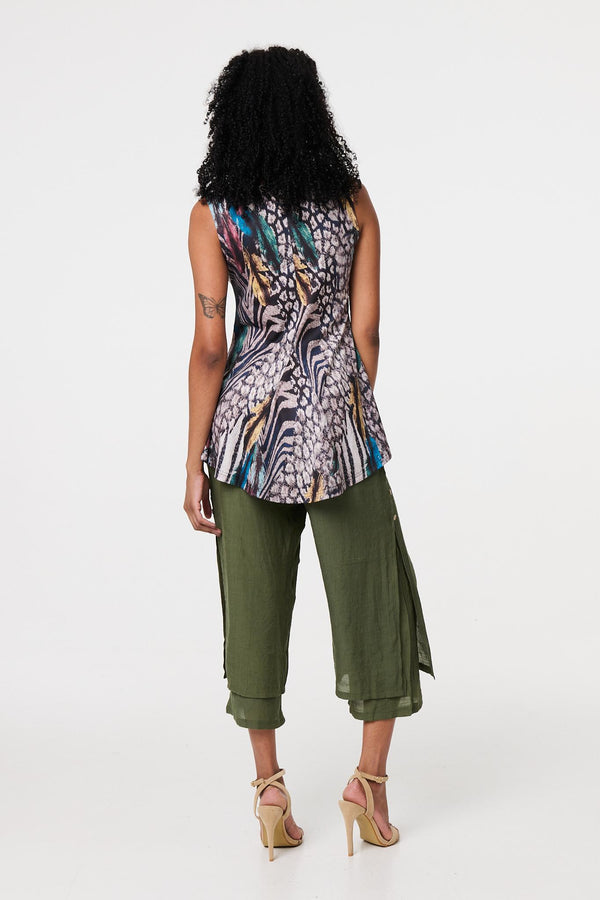 Beige | Animal Print Sleeveless Curve Hem Top

