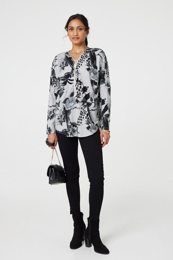 Grey | Floral Zip Front V-Neck Sweatshirt
