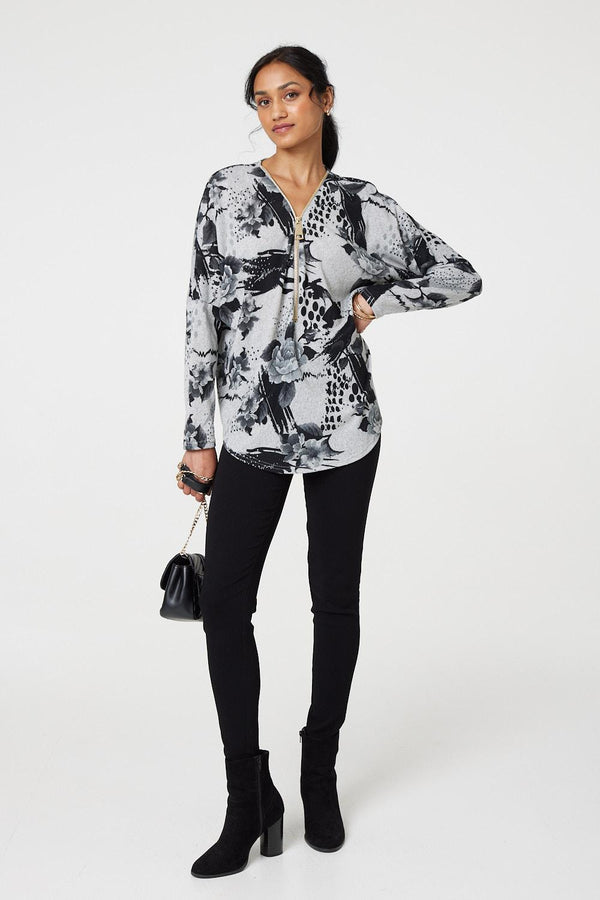 Grey | Floral Zip Front V-Neck Sweatshirt

