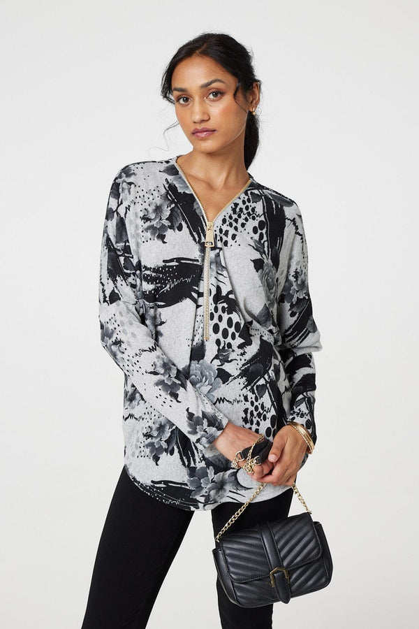 Grey | Floral Zip Front V-Neck Sweatshirt

