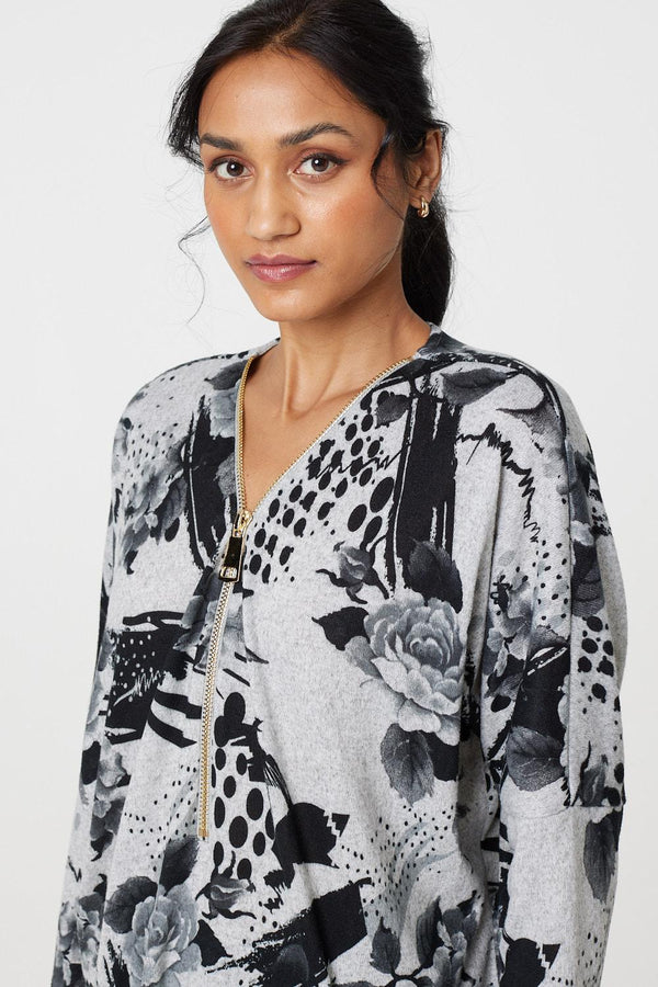 Grey | Floral Zip Front V-Neck Sweatshirt
