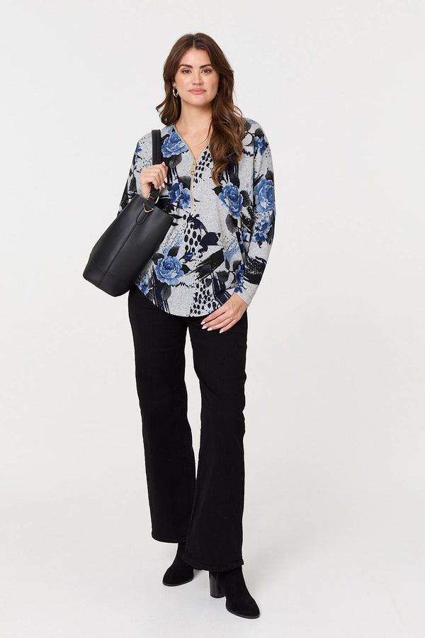Blue | Floral Zip Front V-Neck Sweatshirt
