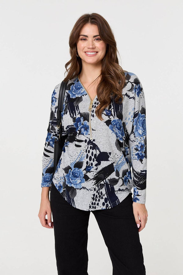 Blue | Floral Zip Front V-Neck Sweatshirt