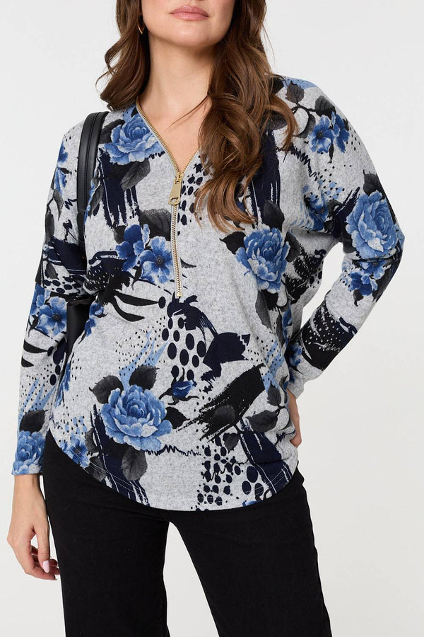 Blue | Floral Zip Front V-Neck Sweatshirt
