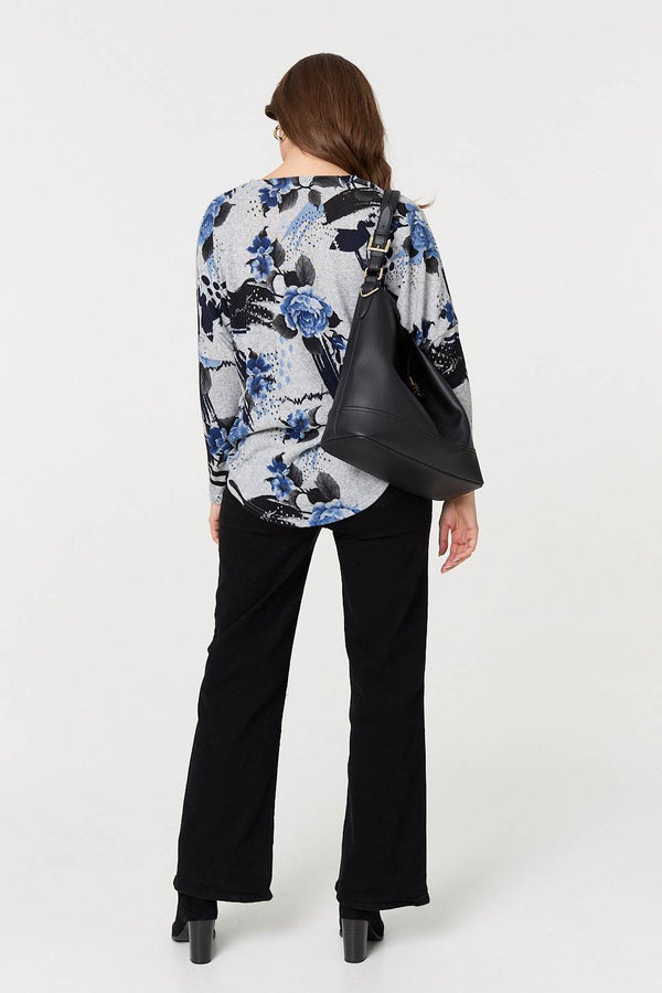 Blue | Floral Zip Front V-Neck Sweatshirt