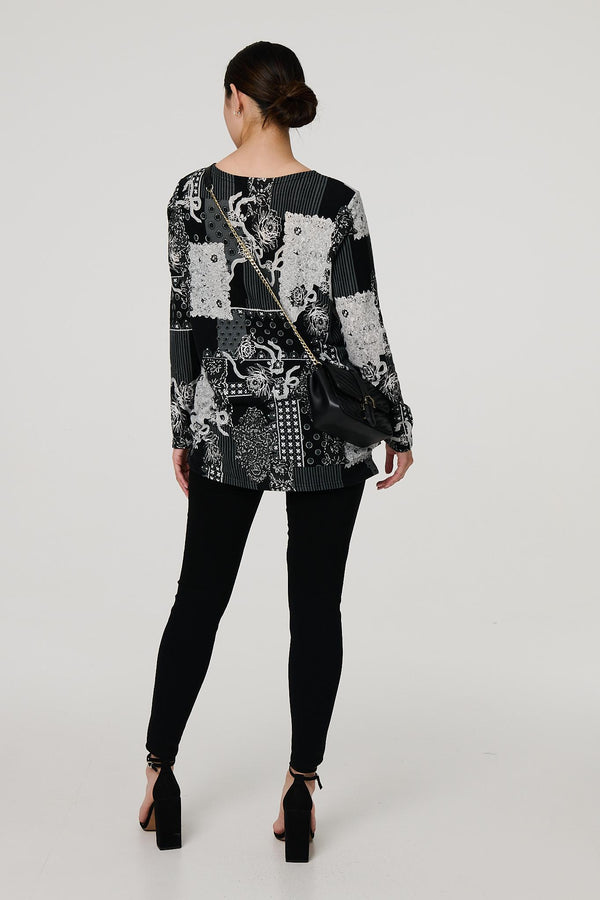 Grey | Patchwork Print Long Sleeve Tunic Top
