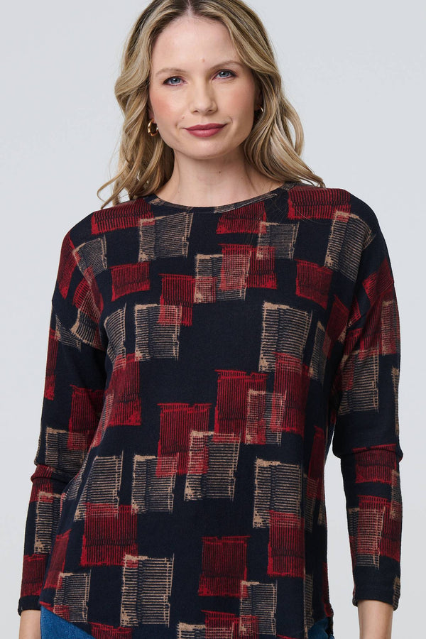Navy | Geo Print Long Sleeve Curve Hem Top
