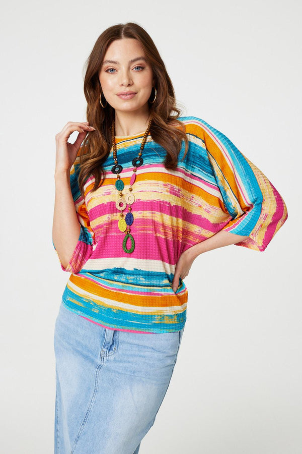 Red | Striped Batwing Top with Necklace