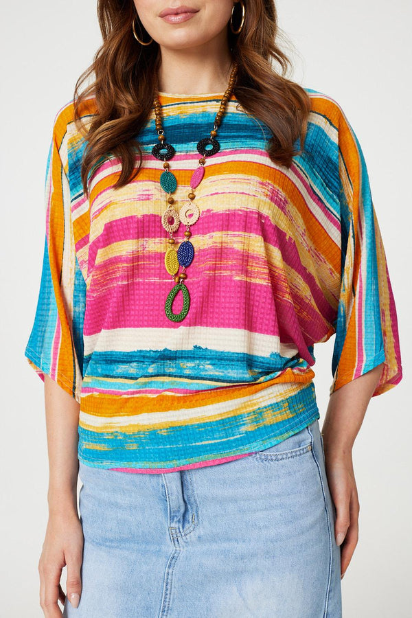 Red | Striped Batwing Top with Necklace