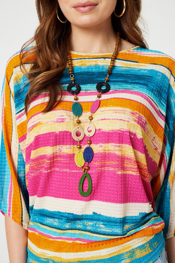 Red | Striped Batwing Top with Necklace