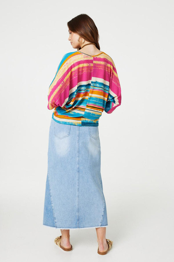 Red | Striped Batwing Top with Necklace