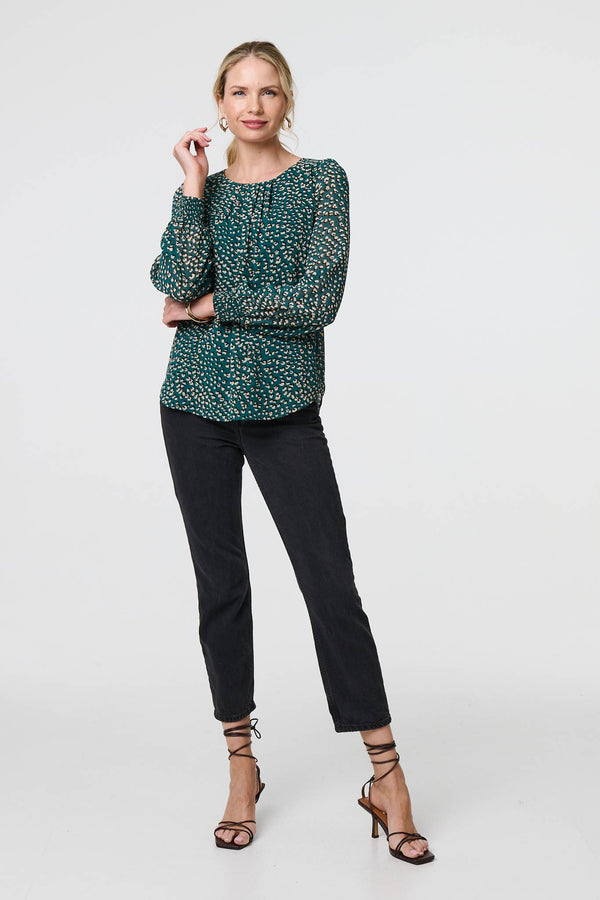 Green | Animal Print Semi Sheer Blouse
