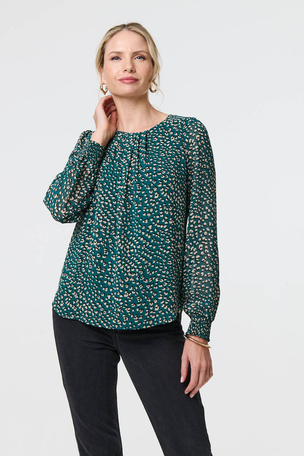 Green | Animal Print Semi Sheer Blouse
