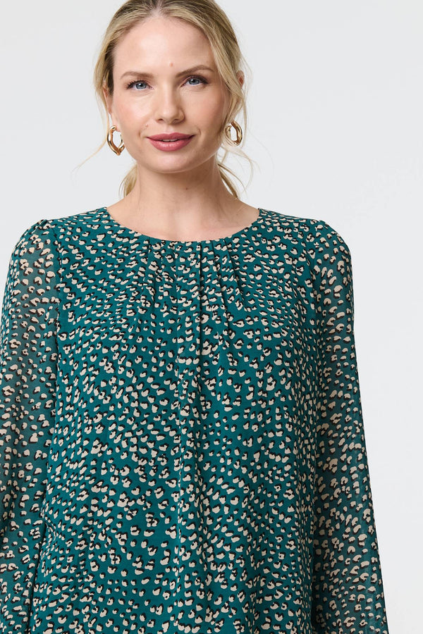 Green | Animal Print Semi Sheer Blouse
