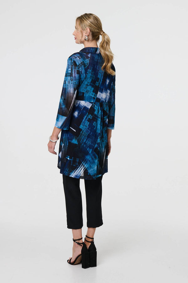 Blue | Abstract Sheer Curve Hem Longline Shirt
