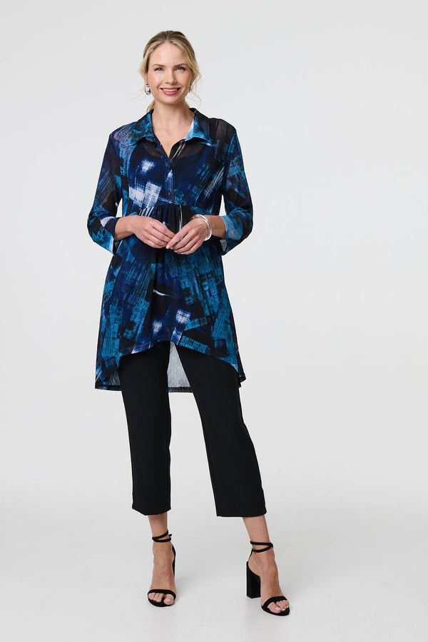 Blue | Abstract Sheer Curve Hem Longline Shirt
