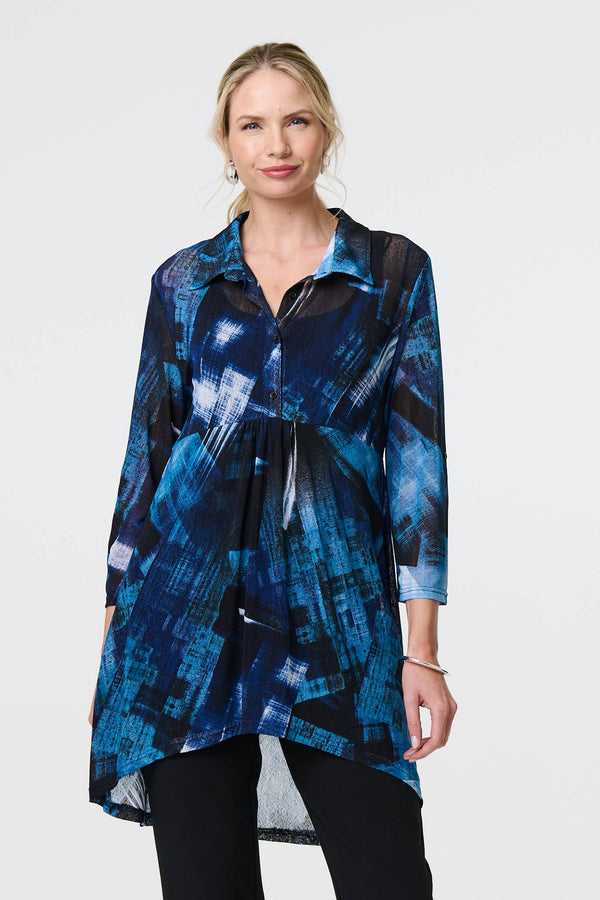 Blue | Abstract Sheer Curve Hem Longline Shirt
