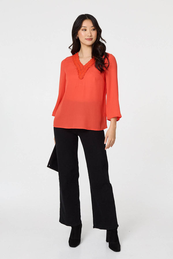 Orange | Lace Trim 3/4 Flare Sleeve Blouse