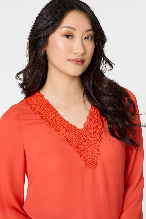Orange | Lace Trim 3/4 Flare Sleeve Blouse