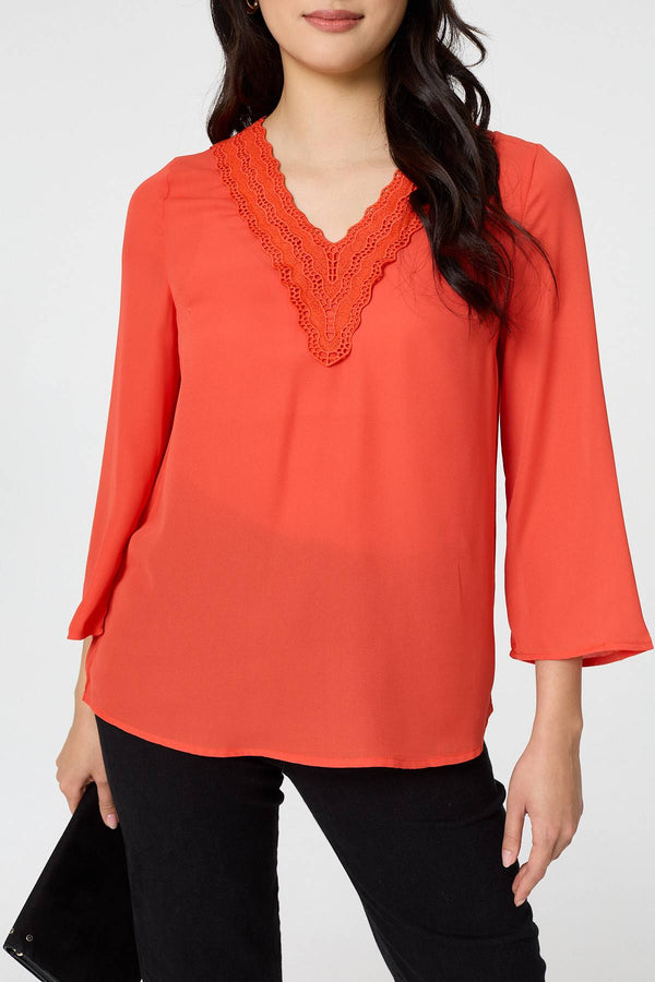 Orange | Lace Trim 3/4 Flare Sleeve Blouse