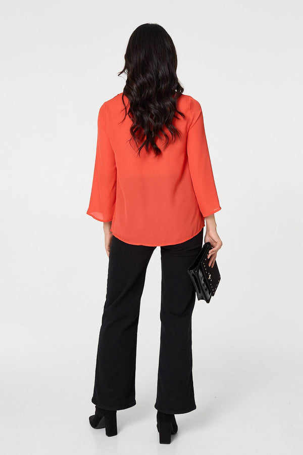 Orange | Lace Trim 3/4 Flare Sleeve Blouse