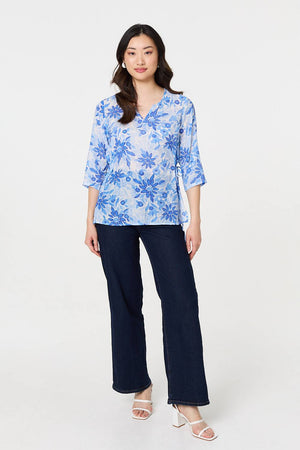 Blue | Floral 3/4 Sleeve Tie Detail Blouse
