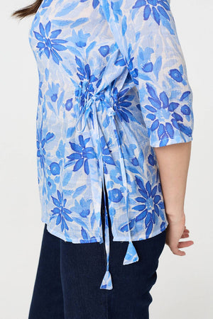 Blue | Floral 3/4 Sleeve Tie Detail Blouse
