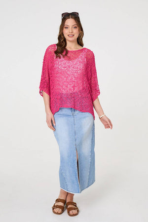 Pink | Crochet Knit Texture Batwing Sleeve Top
