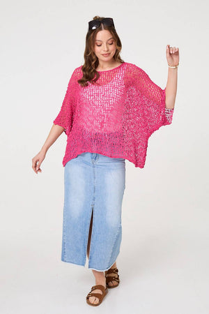 Pink | Crochet Knit Texture Batwing Sleeve Top
