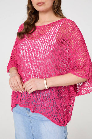 Pink | Crochet Knit Texture Batwing Sleeve Top
