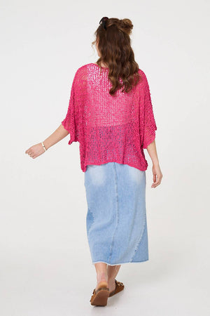 Pink | Crochet Knit Texture Batwing Sleeve Top
