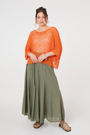 Orange | Crochet Knit Texture Batwing Sleeve Top
