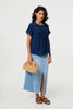 Navy | Lace Trim Short Sleeve Button Back Blouse
