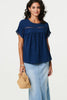 Navy | Lace Trim Short Sleeve Button Back Blouse
