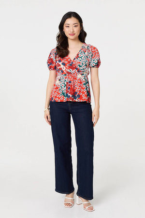 Orange | Ditsy Floral Faux Wrap V-Neck Top

