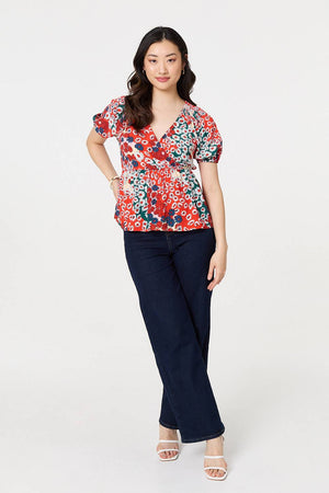 Orange | Ditsy Floral Faux Wrap V-Neck Top
