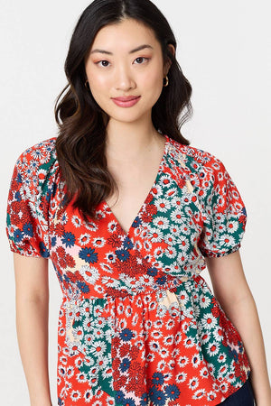 Orange | Ditsy Floral Faux Wrap V-Neck Top
