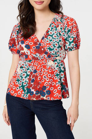 Orange | Ditsy Floral Faux Wrap V-Neck Top
