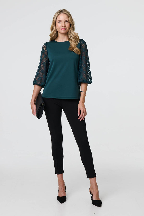Green | Floral Lace 3/4 Sleeve Blouse
