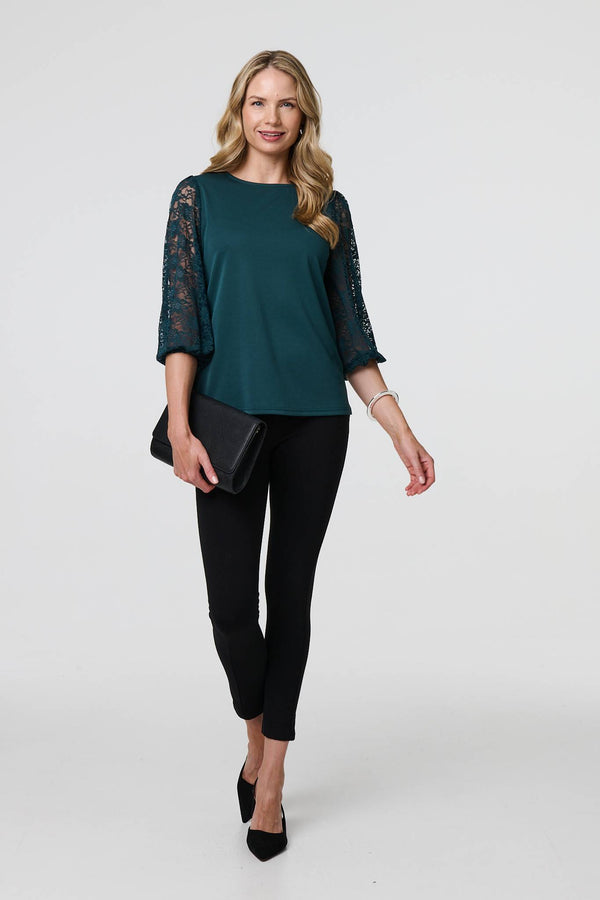 Green | Floral Lace 3/4 Sleeve Blouse
