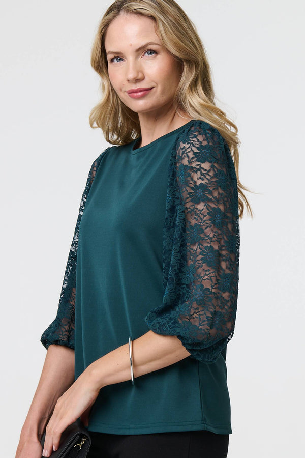 Green | Floral Lace 3/4 Sleeve Blouse
