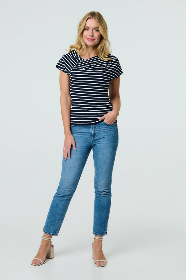 Navy | Striped Asymmetric Short Sleeve Top
