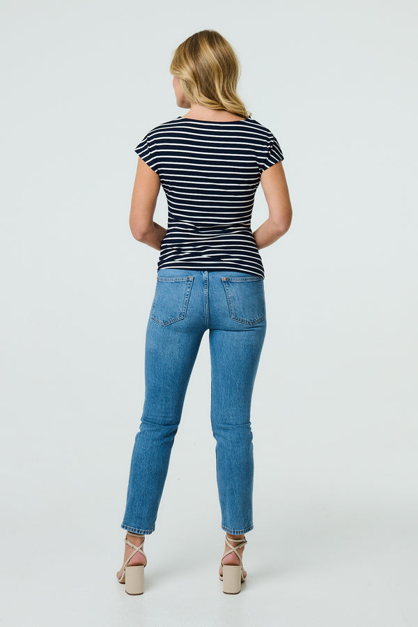 Navy | Striped Asymmetric Short Sleeve Top
