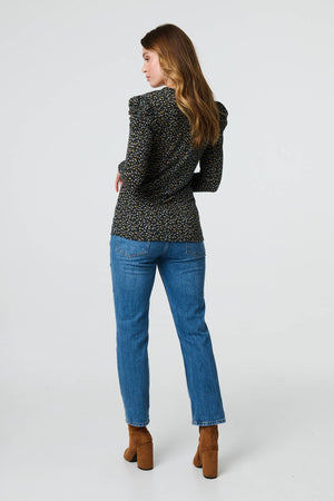 Blue | Ditsy Floral Ruffled Long Sleeve Top
