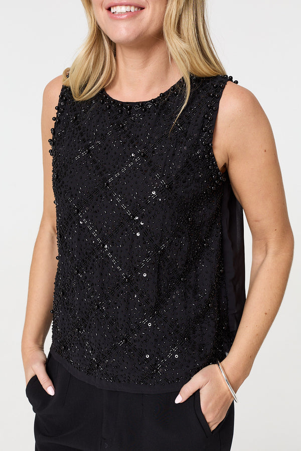 Black | Sequin Embellished Sleeveless Top
