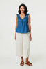 Blue | Denim Frill Trim V-Neck Peplum Top
